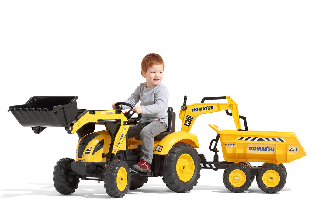 Falk Trettraktor Komatsu mit Frontlader, Heckbagger und Maxi-Anhänger - Traptrecker
