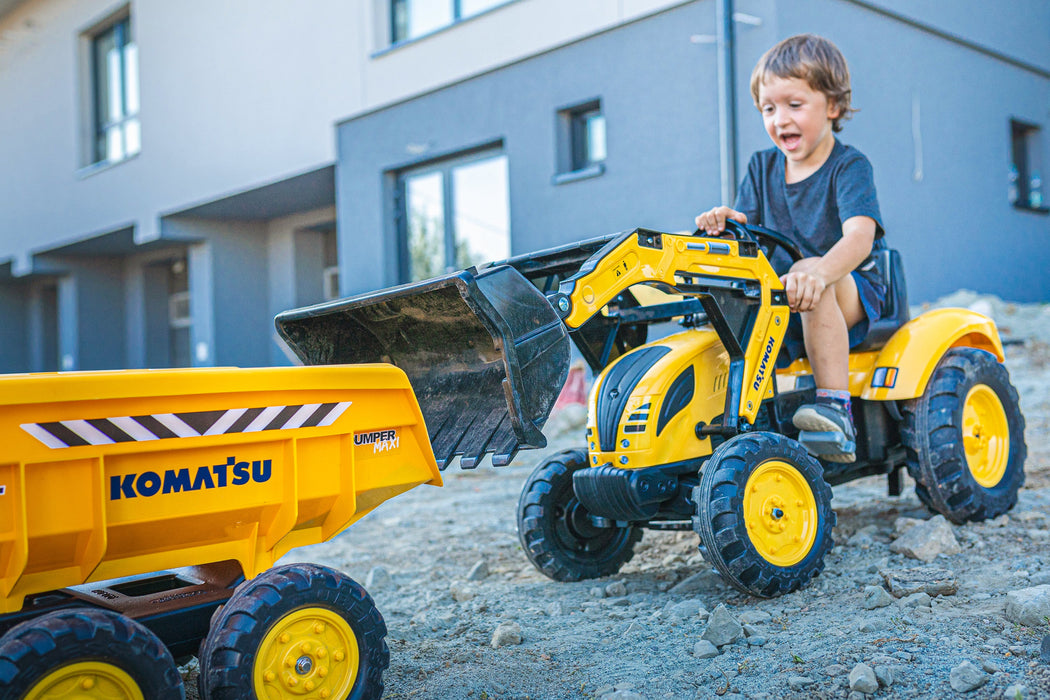 Falk Trettraktor Komatsu mit Frontlader, Heckbagger und Maxi-Anhänger - Traptrecker