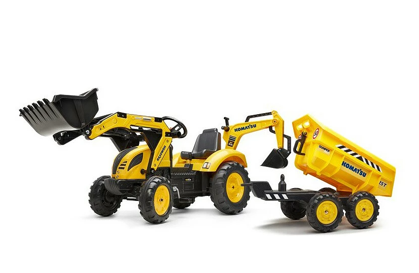 Falk Trettraktor Komatsu mit Frontlader, Heckbagger und Maxi-Anhänger - Traptrecker