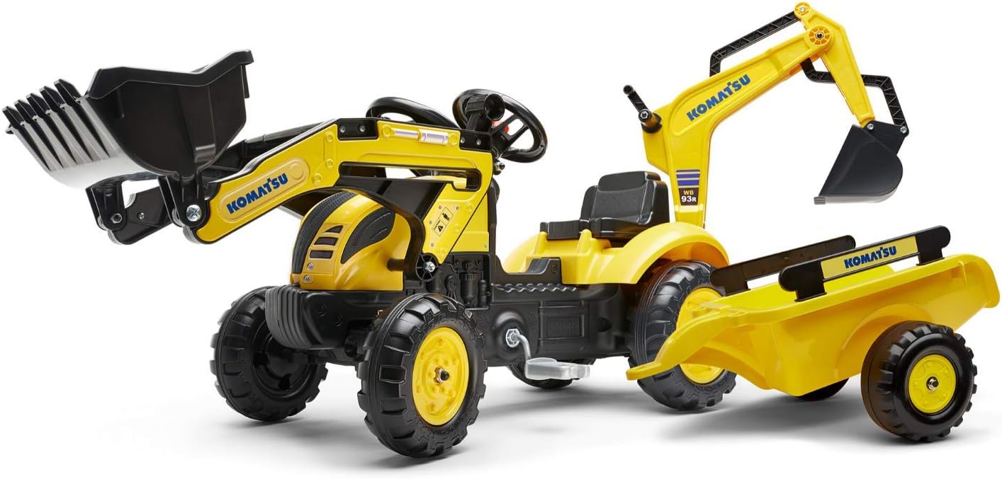 traktor pedale Falk 2076N Komatsu Traktor mit Pedalen und Bagger hinten und Anhänger — Traptrecker