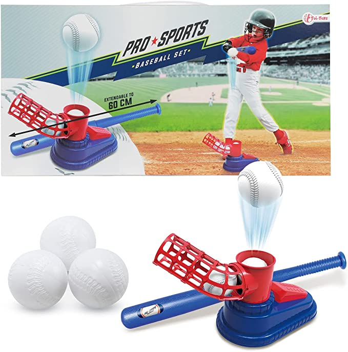 Toi-Toys Automatisches Baseball Set - mit Baseballschläger und 3 Basebälle - Ballspiel Sport Kinder Spielzeug für Outdoor, Garten, Park Kleinkinder Geschenk Geburtstag - ab 6 Jahre